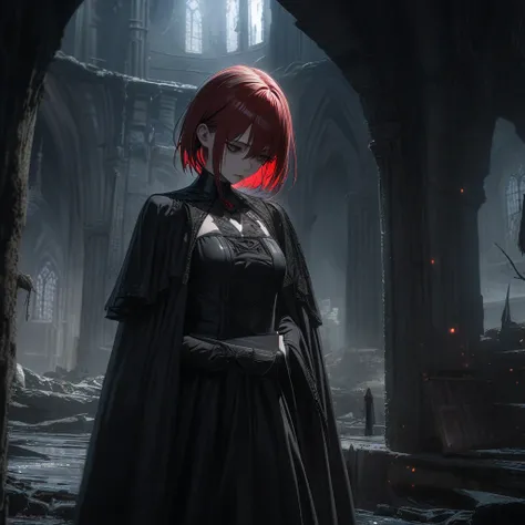  (Shinigami Ryuk) ,Shinigami behind her( Death Note ) ,chica,hair half black half red, short hair，8K，high quality, Girl In Black Dress , black mayas, gothic shoes