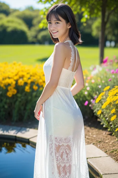 (8k, RAW photo, photorealistic, HQ, masterpiece, Brightly exposed photo), (Very elegant and beautiful, Perfect detail, Super detailed), a cute Japanese woman, (glowing eyes), (Portrait) , 
(laugh ), dark brown hair,  (elegant white lace tight maxi dress, h...