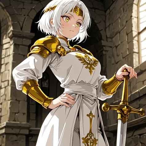 (masterpiece), best quality, newest, absurdres, highres, perfect anatomy, 1girl, artist: (PurpleStar108), {{{solo}}}, epic theme, short hair, white hair, golden headband, detailed headband, golden brooch, golden eyes, Grasping the hilt with One hand, sword...