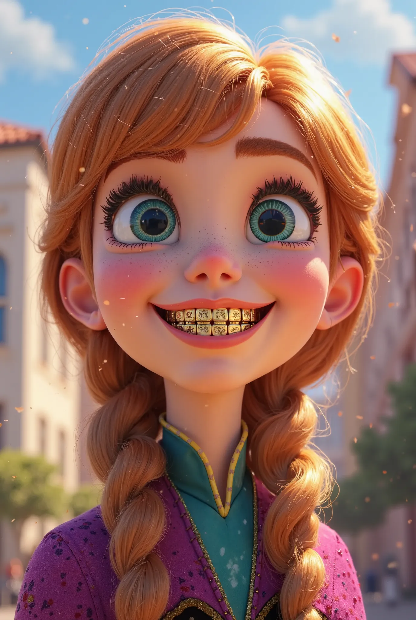 Tip: A very lovely Anna from FROZEN being happy alone in Downtown San Diego in the sun… The illustration is a high definition illustration with 4k resolution., with highly detailed facial features and cartoon style visuals, close up of Anna’s face with an ...