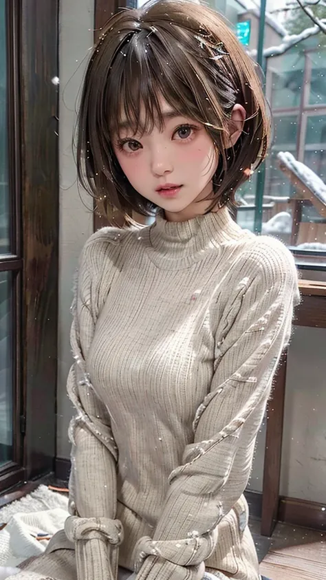 in the snowy forest, japanese girl, wniter knit sweater, snowing, pupils sparkling, brown short hair, middle breast, realistic Portrait, depth of field, f/1.8, anatomically correct, textured skin, super detail, high details, high quality, super detail, hig...