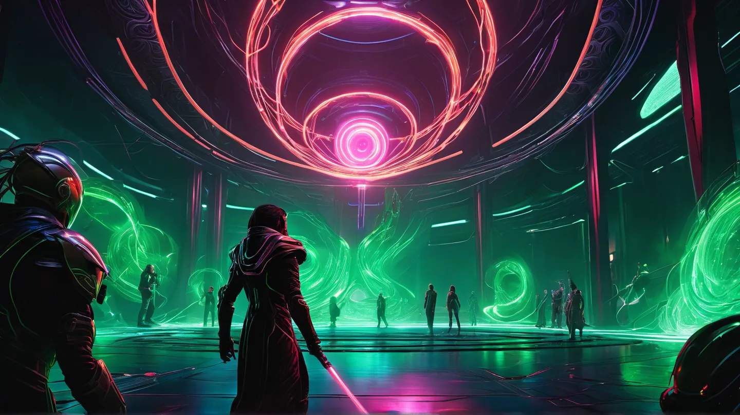 Inside the Omicron pit, Void Sphere glows crimson-green, Mira collapses as Neural Link flares, hearing the Archivist's voice. Kael fights Specter Wraiths with Gauntlet waves, drone fires EMPs, bio- cables pulse, cyberpunk sci-fi aesthetic, intense action, ...