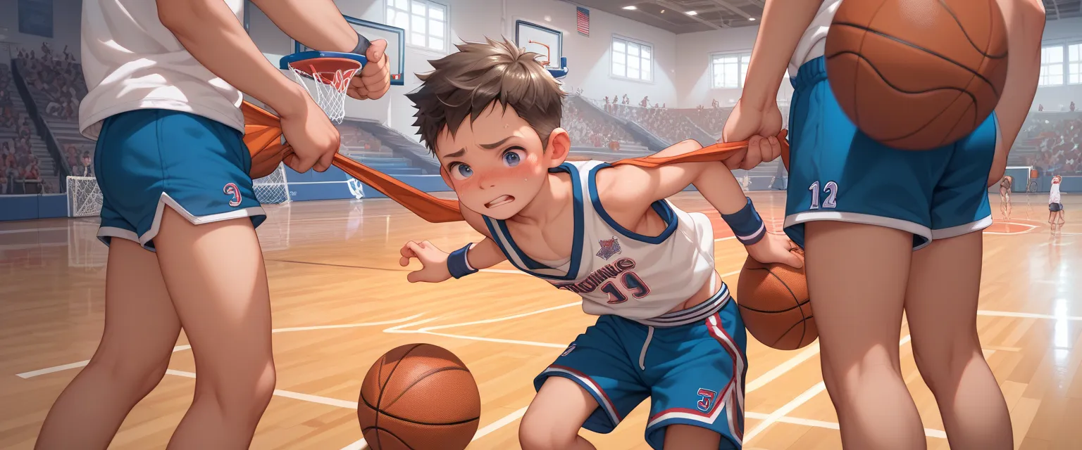 Young men, shota, playing basketball in uniform, ((action)one pulling another’s shorts down), jockstrap, basketball court, being watched, embarrassed, 