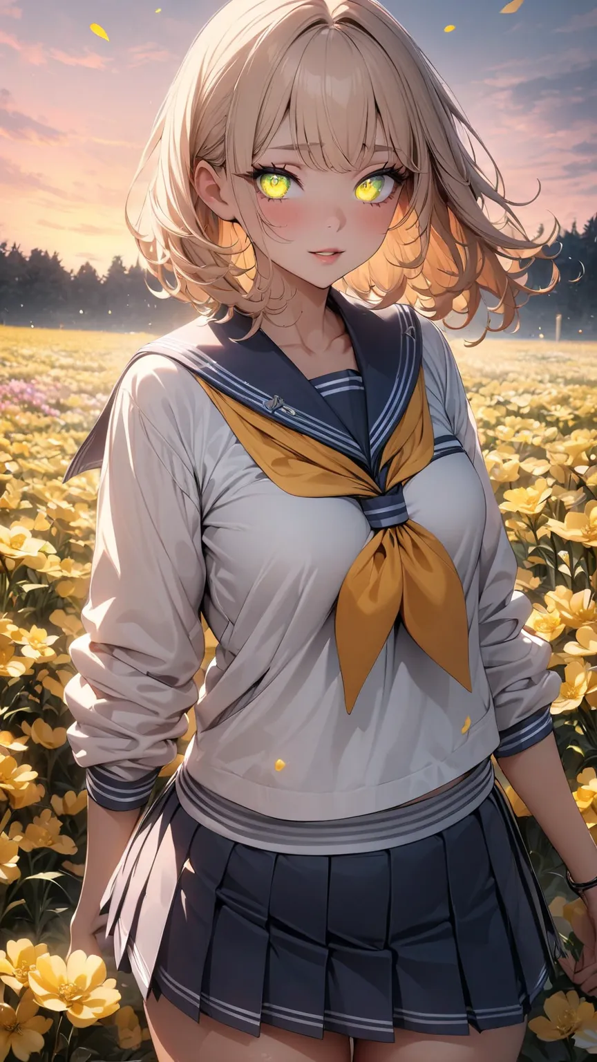 (highest quality, 4K, 8K high resolution, masterpiece:1.2), Super detailed, one person, woman, (JK, , sailor suit, pleated skirt),rape blossom field, one yellow wave, romantic, magic hour, fantastic flower garden, lighted up petals, Contrast between sky an...