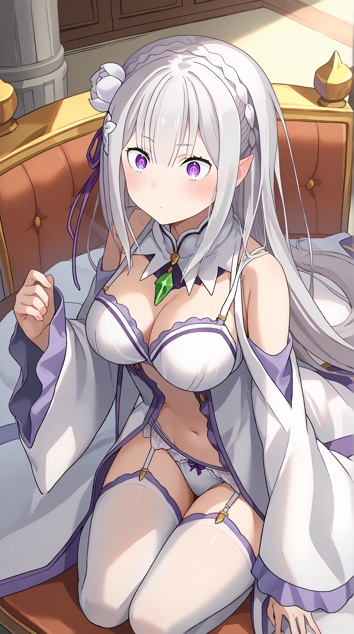 score_9, score_8_arriba, score_7_arriba,   source  _anime,
BREAK
1girl, Alone , 
 shimilia , long hair, gray hair sweater, purple eyes, pointy ears, Crown braid,  hair flower, hair band, purple ribbon, Hair ornament x, white lingerie,  sexy lingerie , neck...