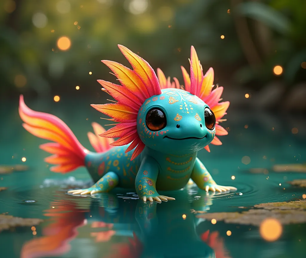 "A charming axolotl with a Pixar-style animated design, featuring large, expressive eyes and a friendly smile. Its body is decorated with intricate Mexican alebrije patterns in vibrant colors like turquoise, magenta, lime green, and neon orange. The axolot...