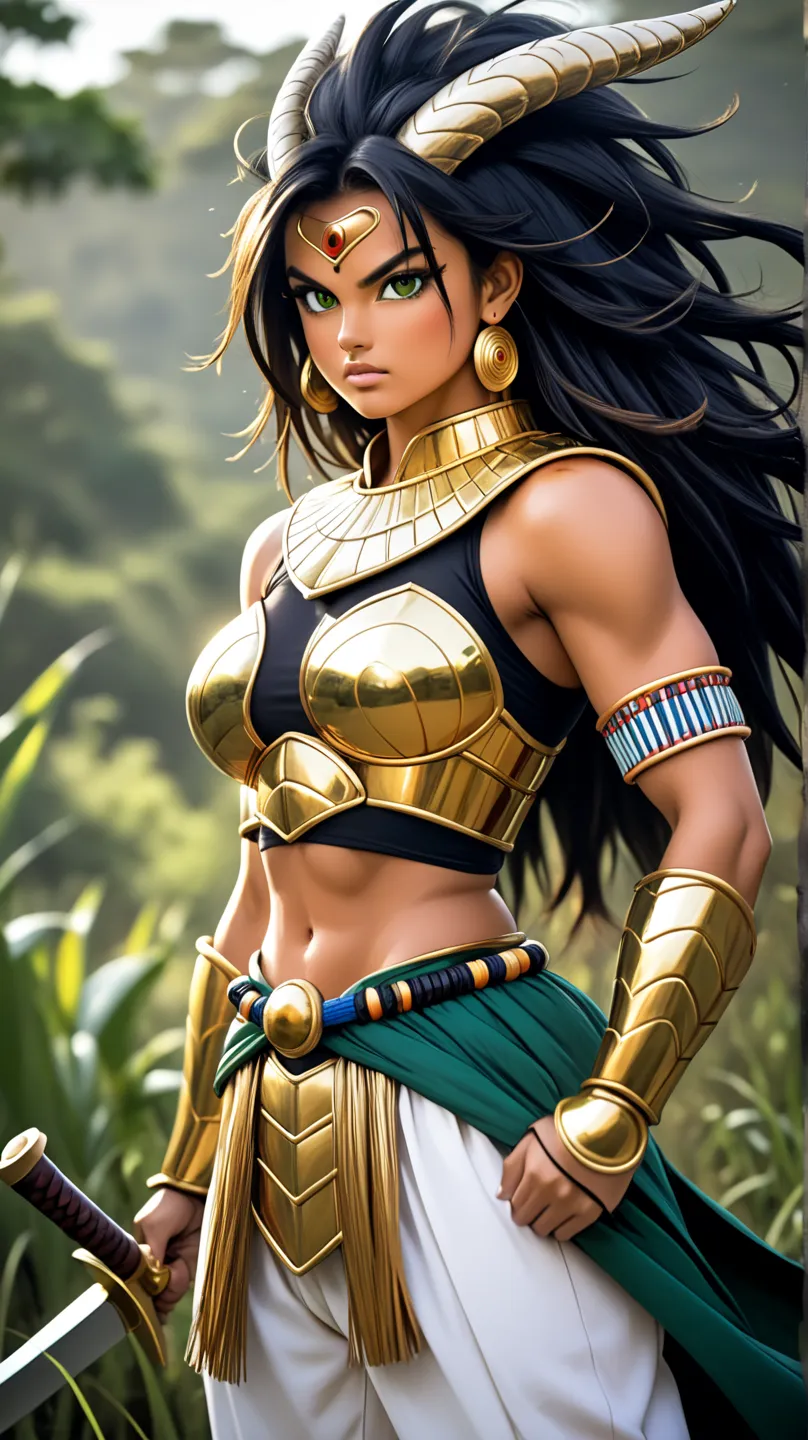 A young, tall, imposing Brazilian Guarani indigenous woman warrior, wearing shiny bronze armor that highlights her strong, feminine muscles. Her face is of rare beauty, with elegant features and an expression of determination and strength. Her skin is ligh...