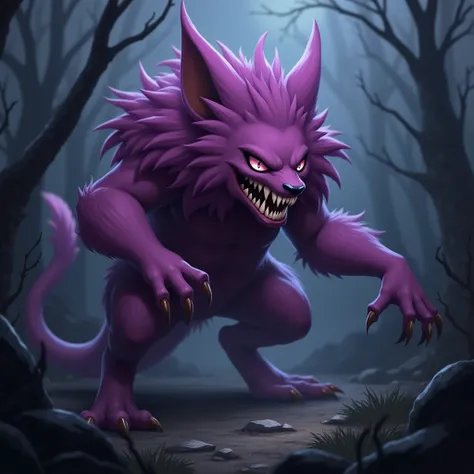 Create an evil Pokémon that has the head of a mouse, lion's hair, violet, the body of a wolf and the fuchsia
