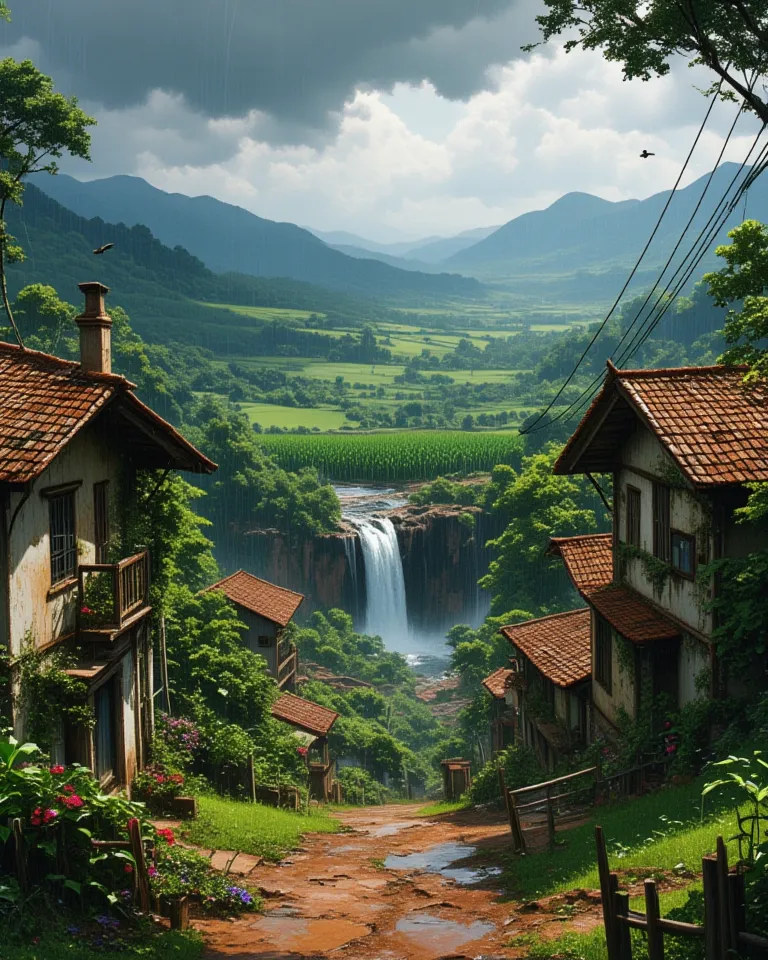 A beautiful rural landscape in the interior of Brazil on a rainy day. The scene features colonial-style houses with time-worn walls and tiles. Lush gardens with colorful flowers surround the homes, and there’s a dirt road covered in mud, with wooden fences...