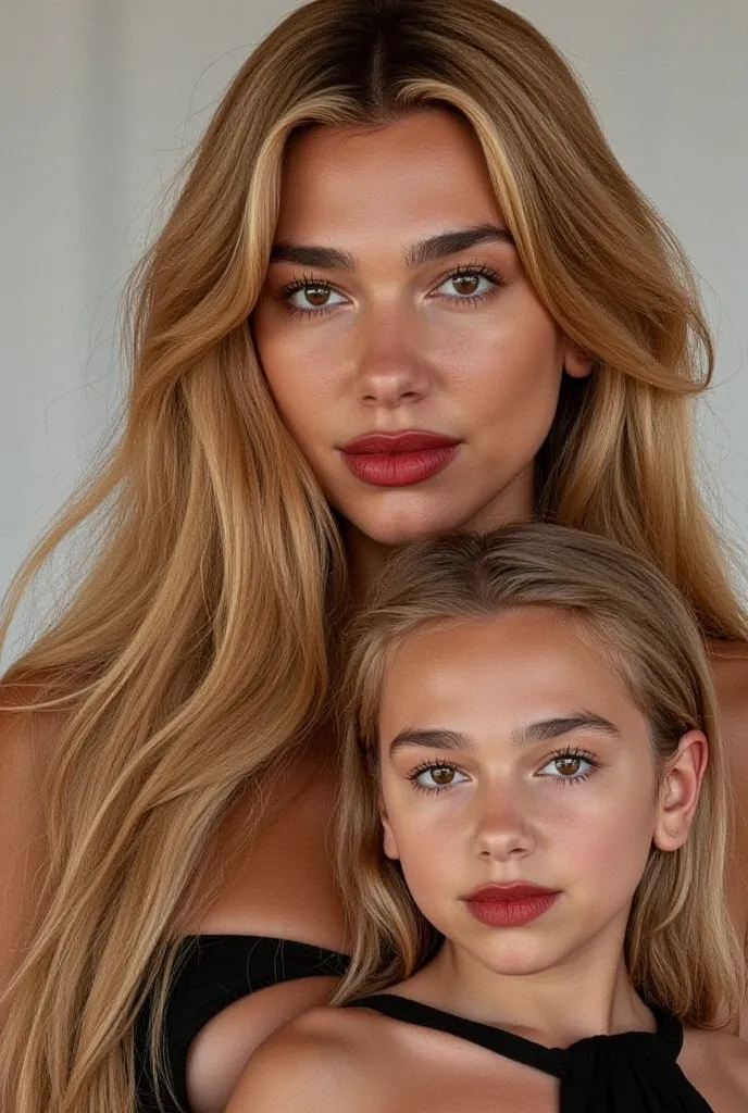 A very hot blonde beautiful mother of Scandinavian origin with big beautiful breasts carrying her daughter of age 4. Both wearing red hot lipstick. Both staring at the camera. 8K resolution and quality.