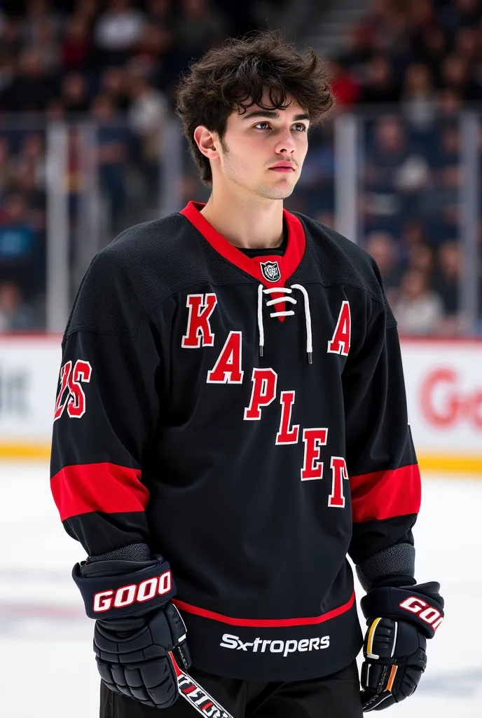 A handsome man of 21 with black hair,  gray eyes, wears his ice hockey uniform. You're on the track , has a cold and beautiful look; her hair falls rebelliously down her brow and forehead,  His skin is white. Holding a hockey stick with a flirty look. His ...