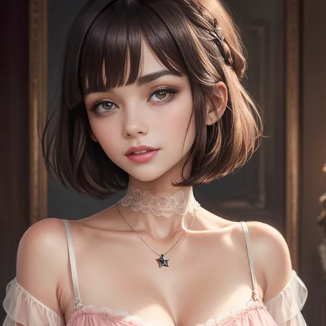 "A close-up portrait of a young woman with a bob haircut featuring dark brown hair and straight bangs, set against a softly blurred background. Her large, expressive brown eyes are framed by subtle makeup, and her lips are glossy with a natural pink shade,...