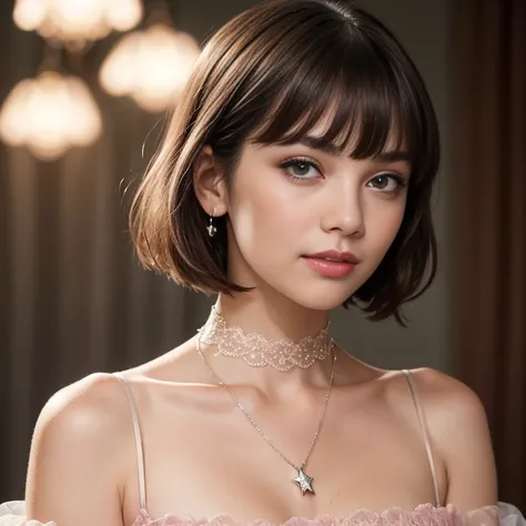 "A close-up portrait of a young woman with a bob haircut featuring dark brown hair and straight bangs, set against a softly blurred background. Her large, expressive brown eyes are framed by subtle makeup, and her lips are glossy with a natural pink shade,...