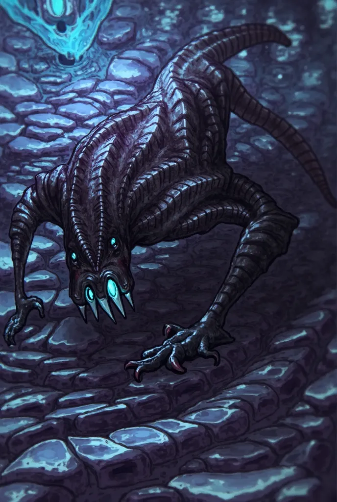 There is a drawing of a monster with a long tail, detailed sinister hidden creature, xenomorphicic, a hyper-detailed alien, xenomorphic, xenomorphic alien, bioluminescent creature, biomechanical xenomorphic,  creature art concept , Sci-Fi alien lizard, det...