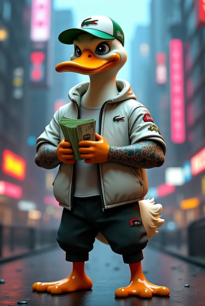 Create a muscular duck, using cap from Lacoste, Cordoes de Luro, With a white jacket from Lacoste,  tattoo on the arms , holding money, Cybepunk style. 