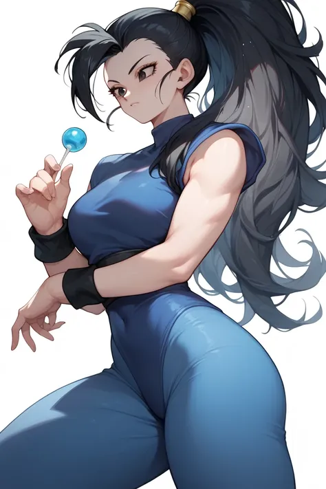 Woman, white skin, black hair, Long hair, bangs, black eyes,, wearing black wristbands, blue leotard,blue pants, Dragon Ball style,hime hair,Ponytail 