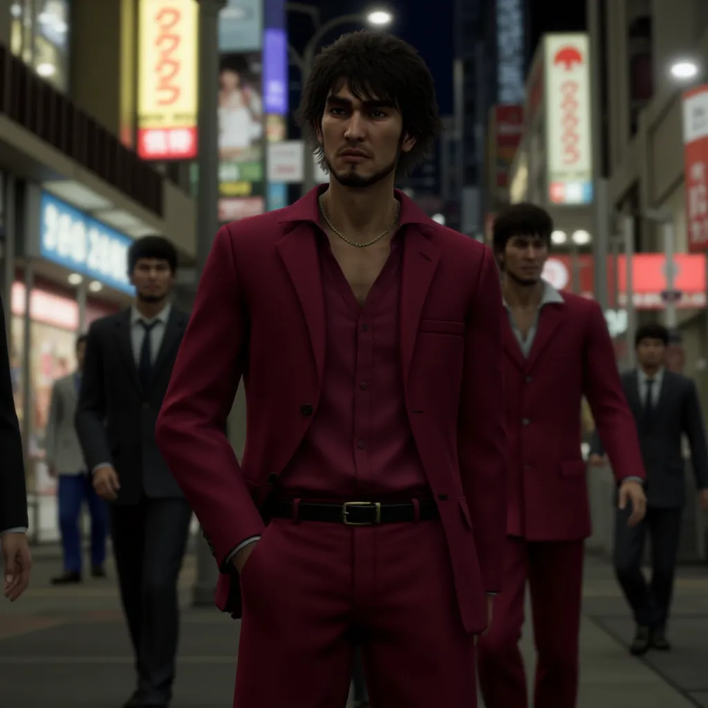 gold necklace and red suit、full body CGI IchbnksG, black belt, red pants and black shoes. he has thicket hair. Stern face、 with her hands in her pocket . cigarettes、The background suggests the downtown area of Hiroshima prefecture at night, Japan. Like a Y...