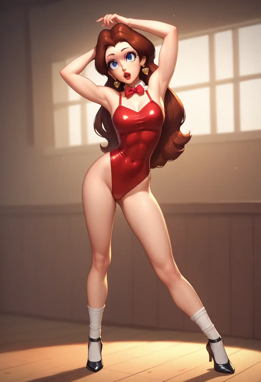 Cute Pauline wearing a sparkling shiny red leotard, black Mary Jane strap tap heels with small white socks,, performing on stage with wood board, black mix with brown hair, eyes are centered,, while tap dancing sexy, red bow with a white collar on her neck...