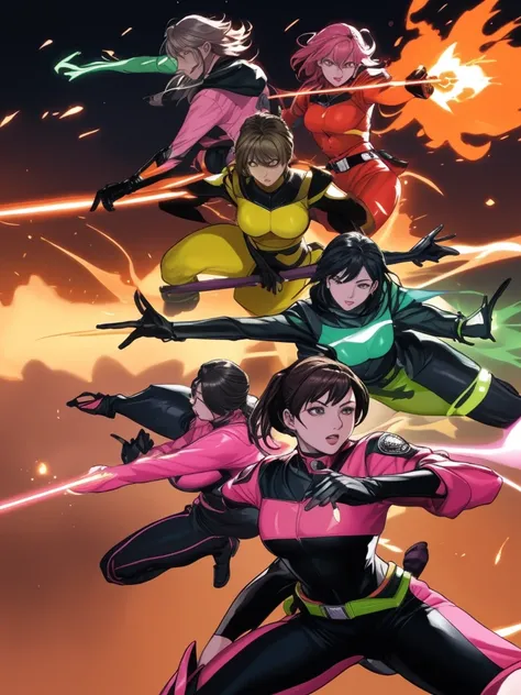 A brave and daring image of the six-woman Ranger team, Each is decorated with the following vibrant colors::Fire engine red, neon pink, Sunset Orange, plasma violet, Fluorescent Green, shocking yellow. A dynamic pose with a background that oozes energy and...