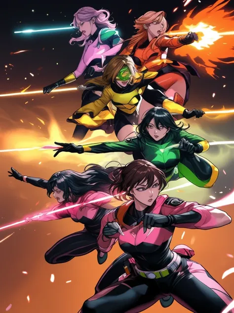 A brave and daring image of the six-woman Ranger team, Each is decorated with the following vibrant colors::Fire engine red, neon pink, Sunset Orange, plasma violet, Fluorescent Green, shocking yellow. A dynamic pose with a background that oozes energy and...