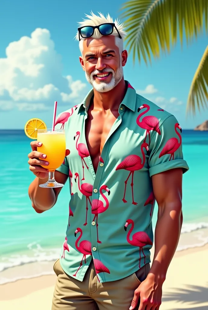 ((Masterpiece,ultra-detailed, expressive eyes, ultra-detailed)) Young man with pale skin platinum hair and crystal blue eyes, full lips, no beard,wearing a t-shirt with the first three buttons open and with a flamingo print, khaki shorts and slippers. Sung...