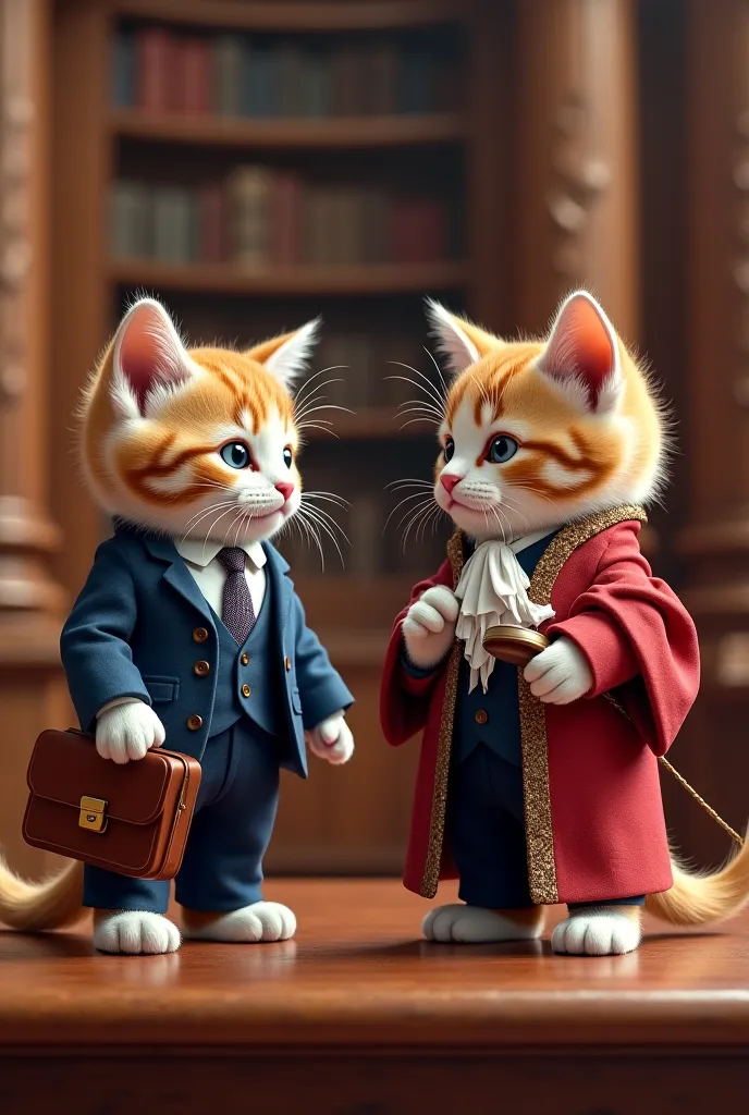 Kitten in a lawyer's suit and another kitten in a more realistic judge's costume 