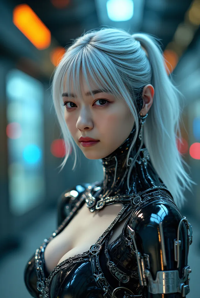 Android girl, Highest quality, masterpiece, ultra-high resolution, photo realistic, raw photo, 1 cyberpunk girl, glossy skin, 1 mechanical girl, super realistic details, (mechanical limbs, tubes connected to mechanical parts, mechanical vertebrae attached ...