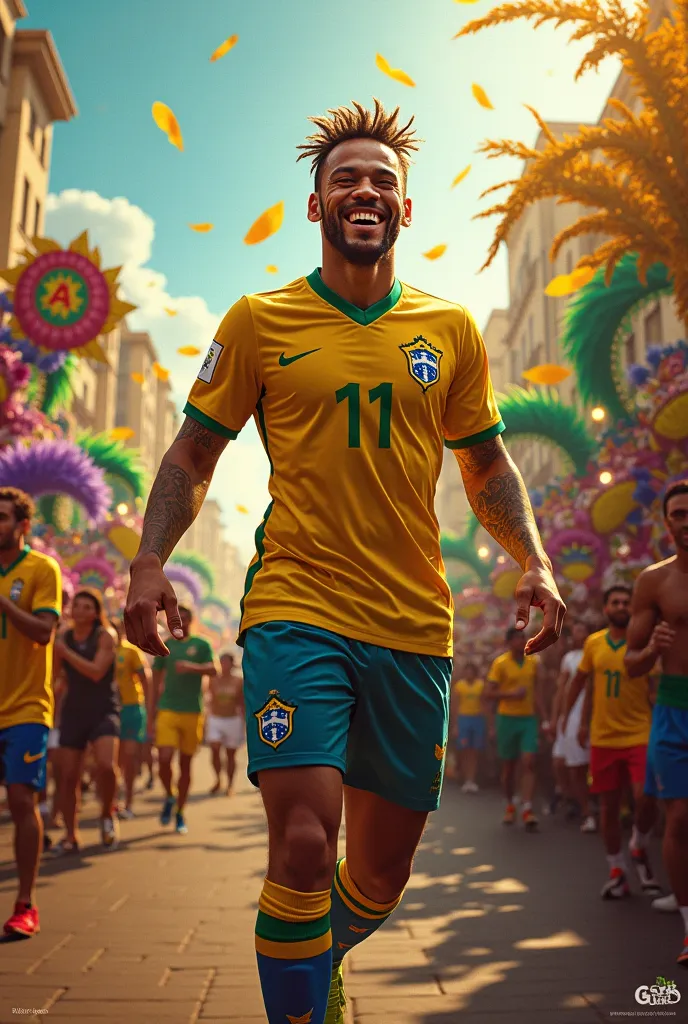 Here's a detailed prompt for SeaArt:

An image of Brazilian football star Neymar at the vibrant Carnival in Brazil.