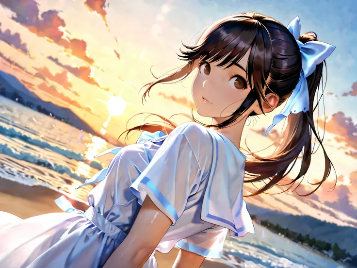 (fully clothed),medium full shot ,rating safe , sfw,, source anime,

1girl, takane manaka, love plus, black hair, longhair, ponytail, brown eyes,  summer dress, short sleeves, long flowing white dress, solo focus, girl on the right side, , upper body, , at...