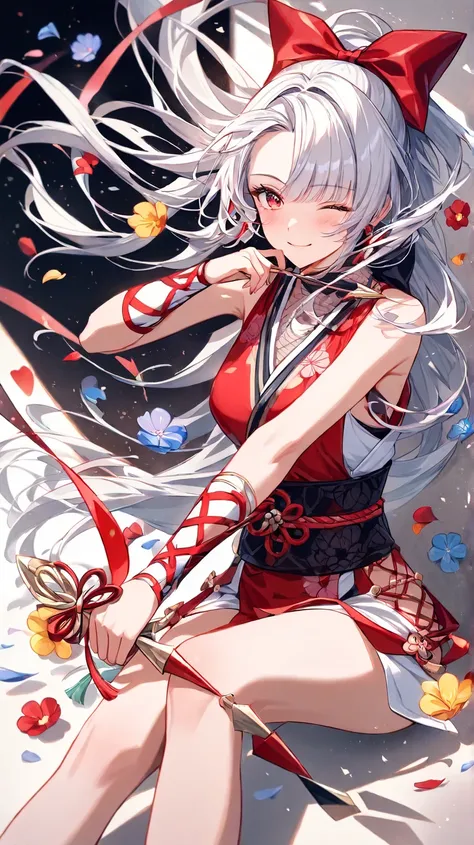  (masterpiece), ( Best Quality ), ( Very Detailed),(),(illustration), ( 1 girl)  gently staring ,   Scarlet Eyes with Beautiful Details（wink、holding a bow） Delicate beauty,  in a variety of colors (Shine),  focus on your face, bangs,  Floating Flower,    f...