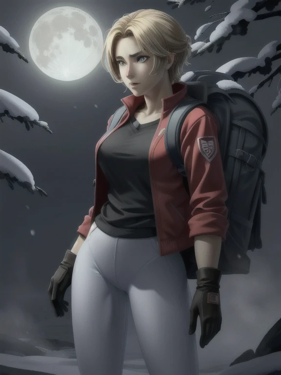 ((Best quality)), ((Masterpiece)), (detailed), (4K quality), (Detailed face:1.2), (Detailed eyes:1.2), (Perfect figure:1.2), 1girl, UDSam, solo, short hair, blonde hair, (Wearing: Red jacket, white leggings, fingerless gloves, snow boots and backpack), dar...