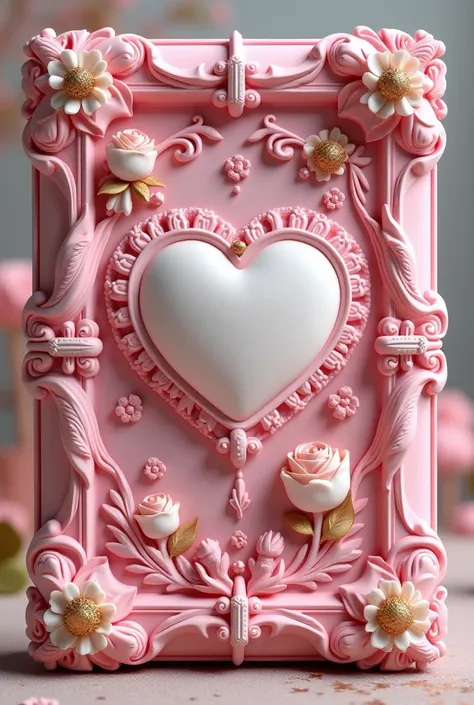 3D  pink DIARY carved sculpture Embossed victorian royal diary cover ( pink) and a heart in the center、mini ribbons bow and mini tulip and mini peony flowers and the side cover is embossed gold victorian vintage borderline (gold)