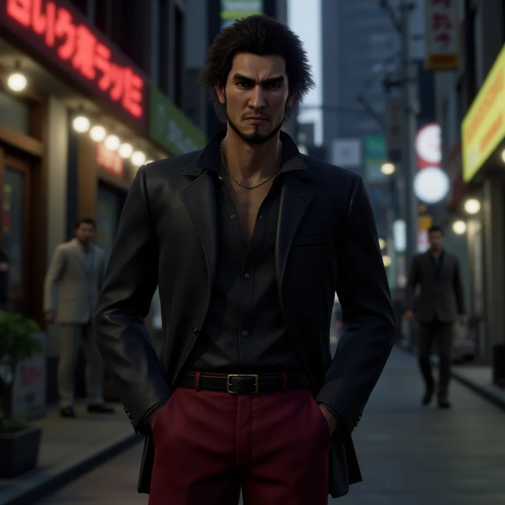 Koji Baba、gold necklace and black leather suit、full body CGI IchbnksG, black belt, red pants and black shoes. he has thicket hair. Stern face、Tanned, dark face、Intimidating、intimidating muscular physique、 with her hands in her pocket . cigarettes、The backg...