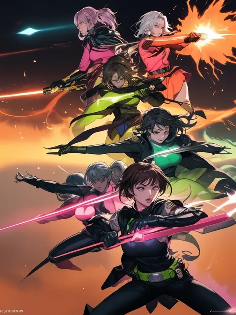 A brave and daring image of the seven-woman Ranger team, Each is decorated with the following vibrant colors::Fire engine red, neon pink, Sunset Orange, plasma indigo, Fluorescent Green, shocking yellow, And shiny silvery. A dynamic pose with a background ...