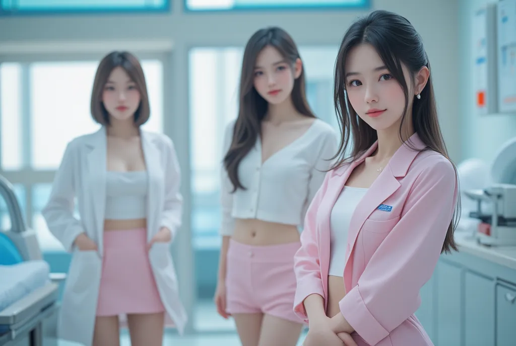 A highly detailed, ultra-high-resolution 32K rendered photo of three beautiful young Japanese women in a hospital room. One of them is wearing a pale pink female doctor's uniform with a matching miniskirt. The image is captured with exceptional clarity, sh...