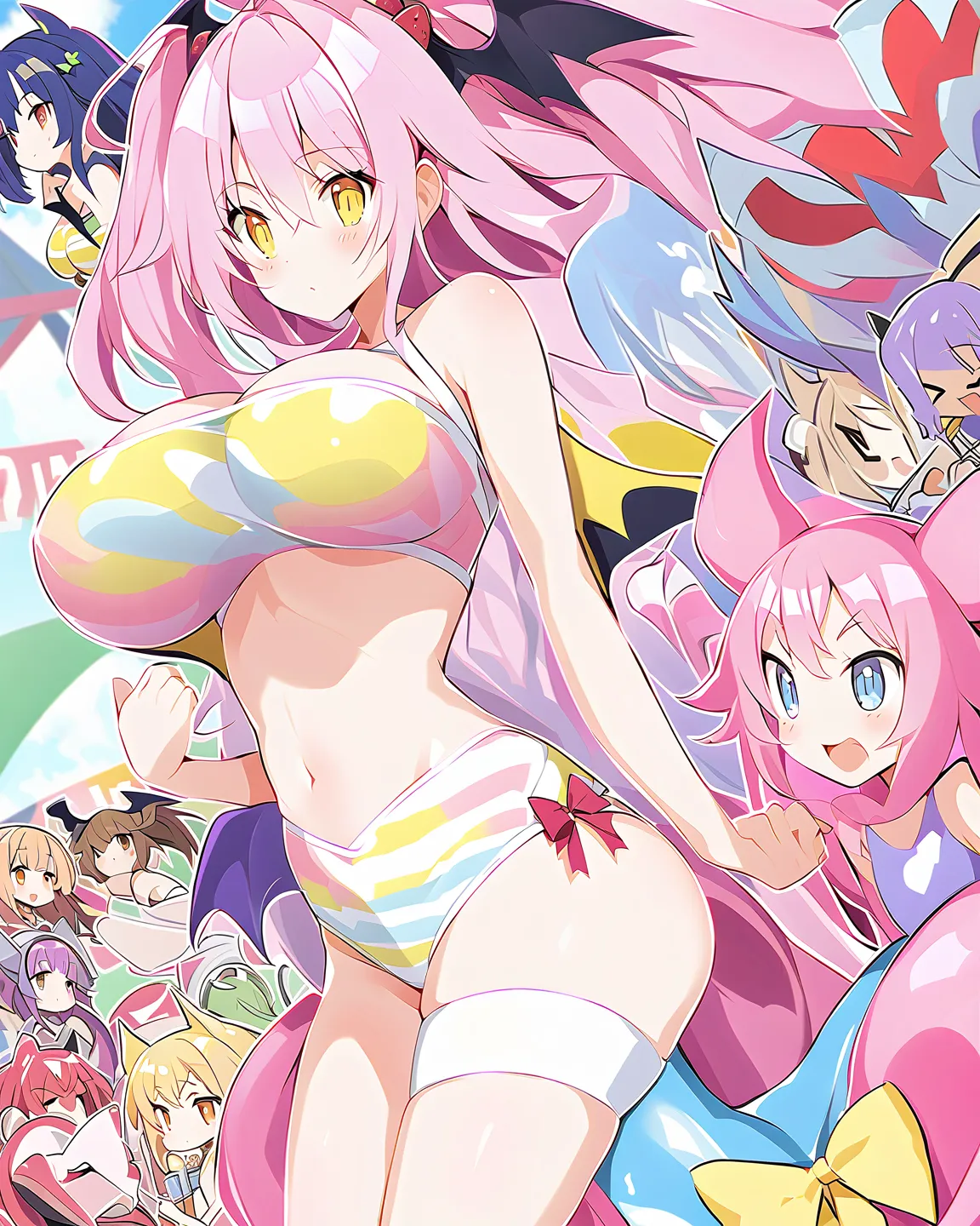 Score_9, score_8_up, score_7_up, score_6_up, source_Anime, high detailed, monster girls, plus-sized, Large breasts, curvy body, striped swinsuit, background is a pool-party on the backyard, Strawberry Yogurt pool (instead of water, there's a Strawberry Yog...