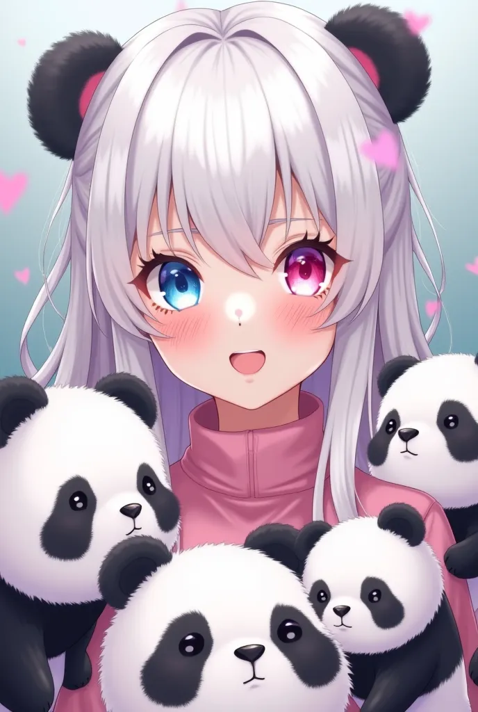 High quality image showing white girl with long white hair with pink underlines( the lower part of the hair is pink), heterochromatic eyes (one eyeball blue and the other pink pink), that love animals(pandas)! Show pandas around her in the image. The girl ...