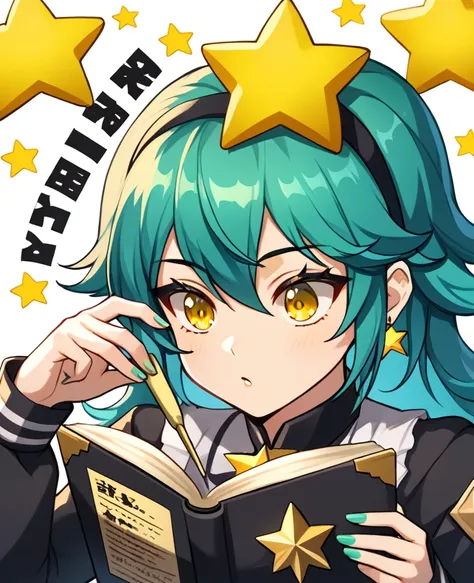 Girl with long dark turquoise hair, yellow eyes, yellow star pin in her head studying