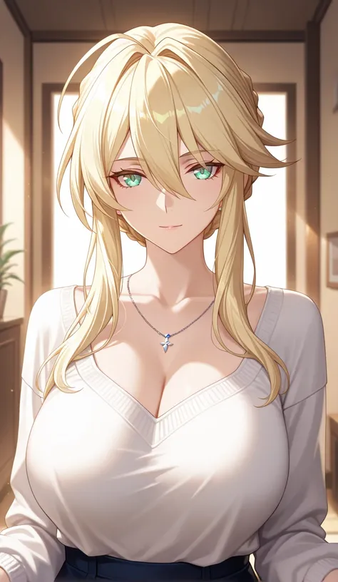 Masterpiece, very aesthetic, vibrant, high contrast, high resolution, ultra detailed, elegant mature woman, artoria Pendragon (lancer), casual clothes, soft light, home, best quality, newest, honkai: star rail cg style, upper body