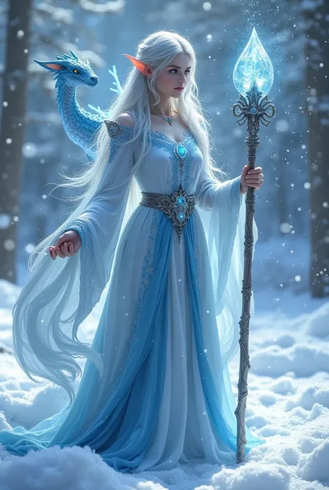 An ice elf, gray hair and blue eyes, and snow-white skin, is an ice and water wizard, with a setro with an ice gem, and with an ice dragon