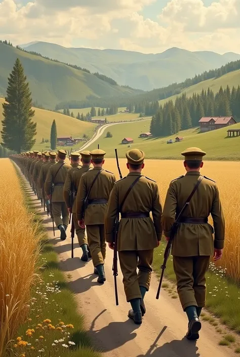 Anime 1921 Ukrainian National Republic soldiers marching down the countryside in Brown uniforms