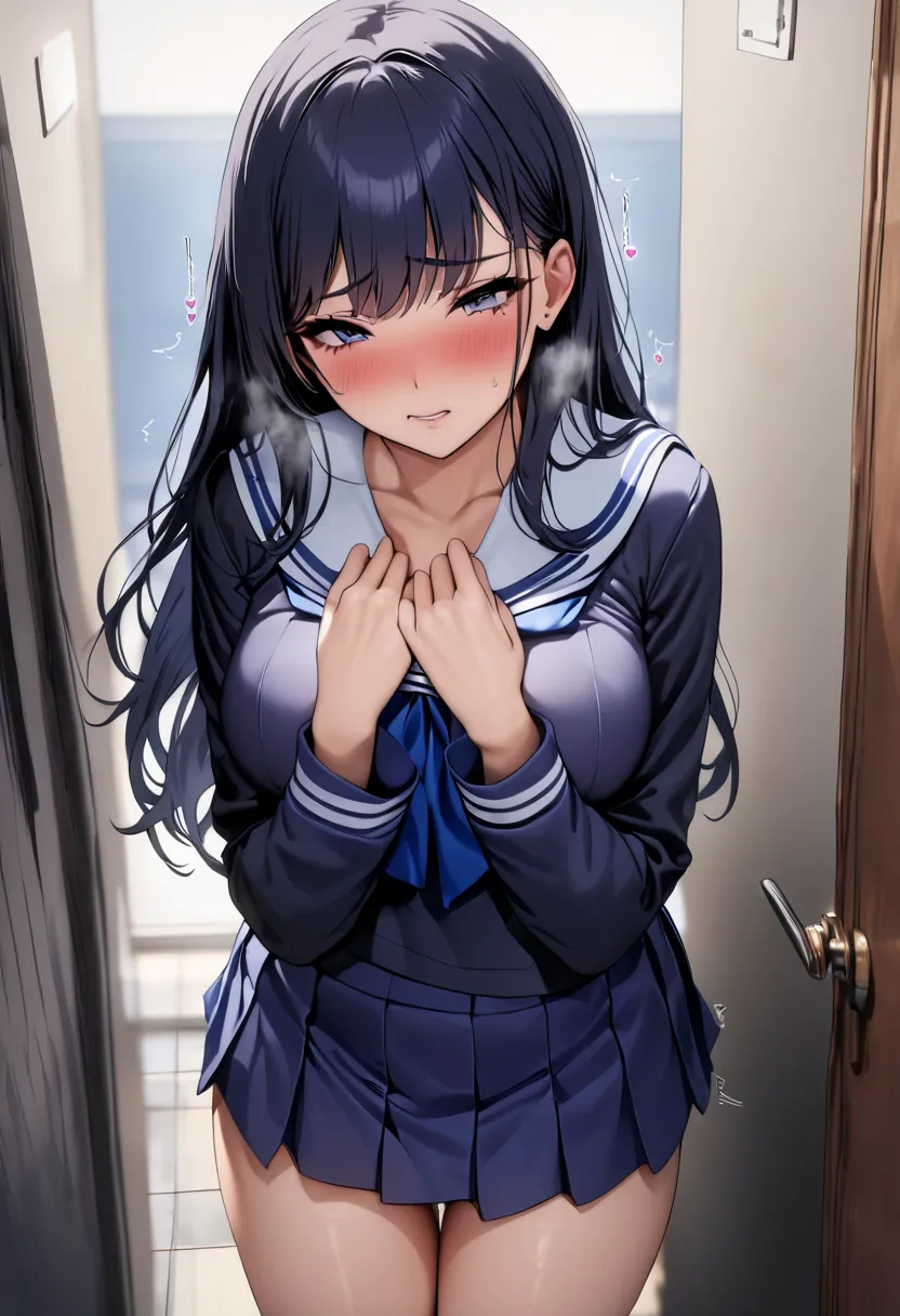 top quality, masterpiece, Hi-Res, 8k, (1 girl), Alone, sexy, (cowboy shot), ( sailor uniform), black semi-long hair, high school girl,  troubled face, Place your hands on your crotch, ((( toro face))), Beautiful breasts, navy blue mini skirt, ((( trembles ...