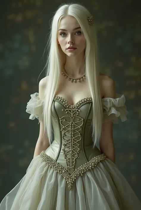 A tall girl (Around 19 years old)  with pale skin , long straight platinum blonde hair and green eyes in a long dress (Masquerade dance style) dress with a rather disguised corset from which pearls hang and this one's skirt is layered (Long ones that are b...