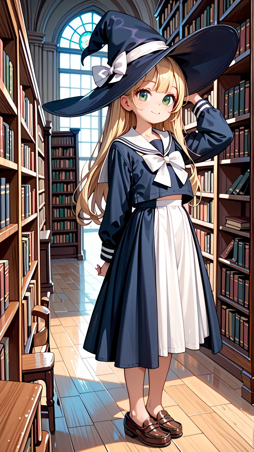 toddler,round face,Shining Green Eyes,white ribbon,beautiful skin, Big Witch Hat ,sailor suit,loafers,long blonde hair, crosses his hands behind his back,smile,antique library