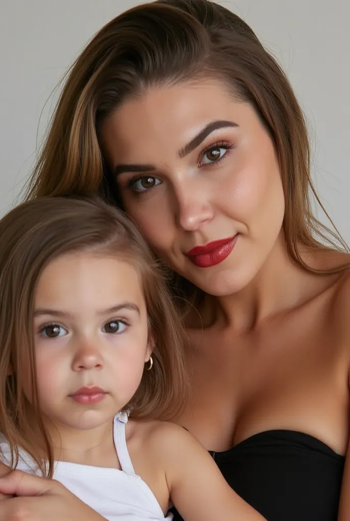 A very hot blonde beautiful mother of Scandinavian origin with big beautiful breasts carrying her daughter of age 4. Both wearing red hot lipstick. Both staring at the camera. 8K resolution and quality.