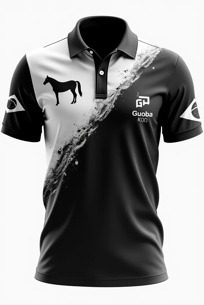 Create a black and white shirt with the image of a horse design as a logo on the left chest in front of the clean shirt and the back clean too go riding with the Brazilian flag on the sleeve with the front and back of the shirt on the back the phrase "Livi...