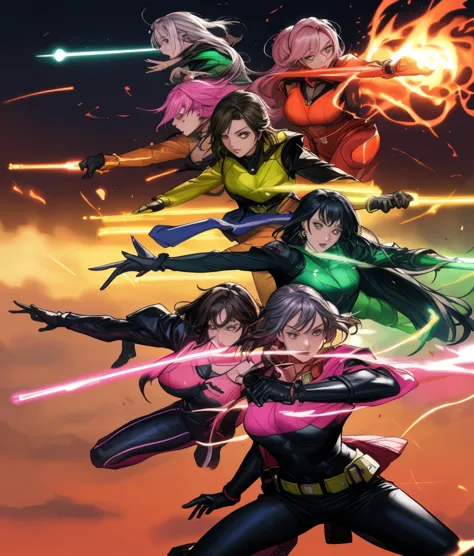 A brave and daring image of the seven-woman Ranger team, Each is decorated with the following vibrant colors::Fire engine red, neon pink, Sunset Orange, plasma indigo, Fluorescent Green, shocking yellow, And shiny silvery. A dynamic pose with a background ...