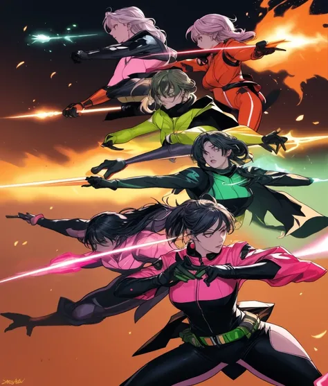 A brave and daring image of the seven-woman Ranger team, Each is decorated with the following vibrant colors::Fire engine red, neon pink, Sunset Orange, plasma indigo, Fluorescent Green, shocking yellow, And shiny silvery. A dynamic pose with a background ...