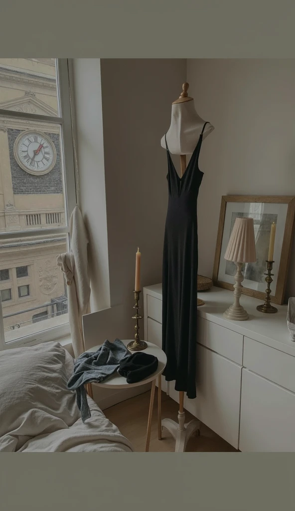 a black dress over the bed,  elegant clothes, sumptuous fabric, soft draped, delicate folds, light reflections, subtle shadows,  cozy room,  minimalist decoration , high quality fashion photography, studio lighting, rich colors, depth of field, editorial s...