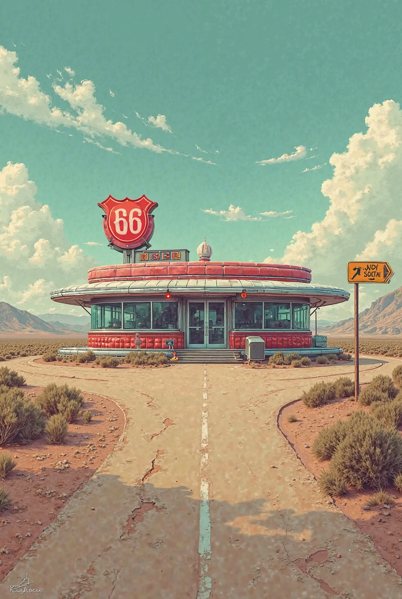 (Anime:1.2), 60s diner, along Route 66, Oklahoma, deserted area, viewed from outside 